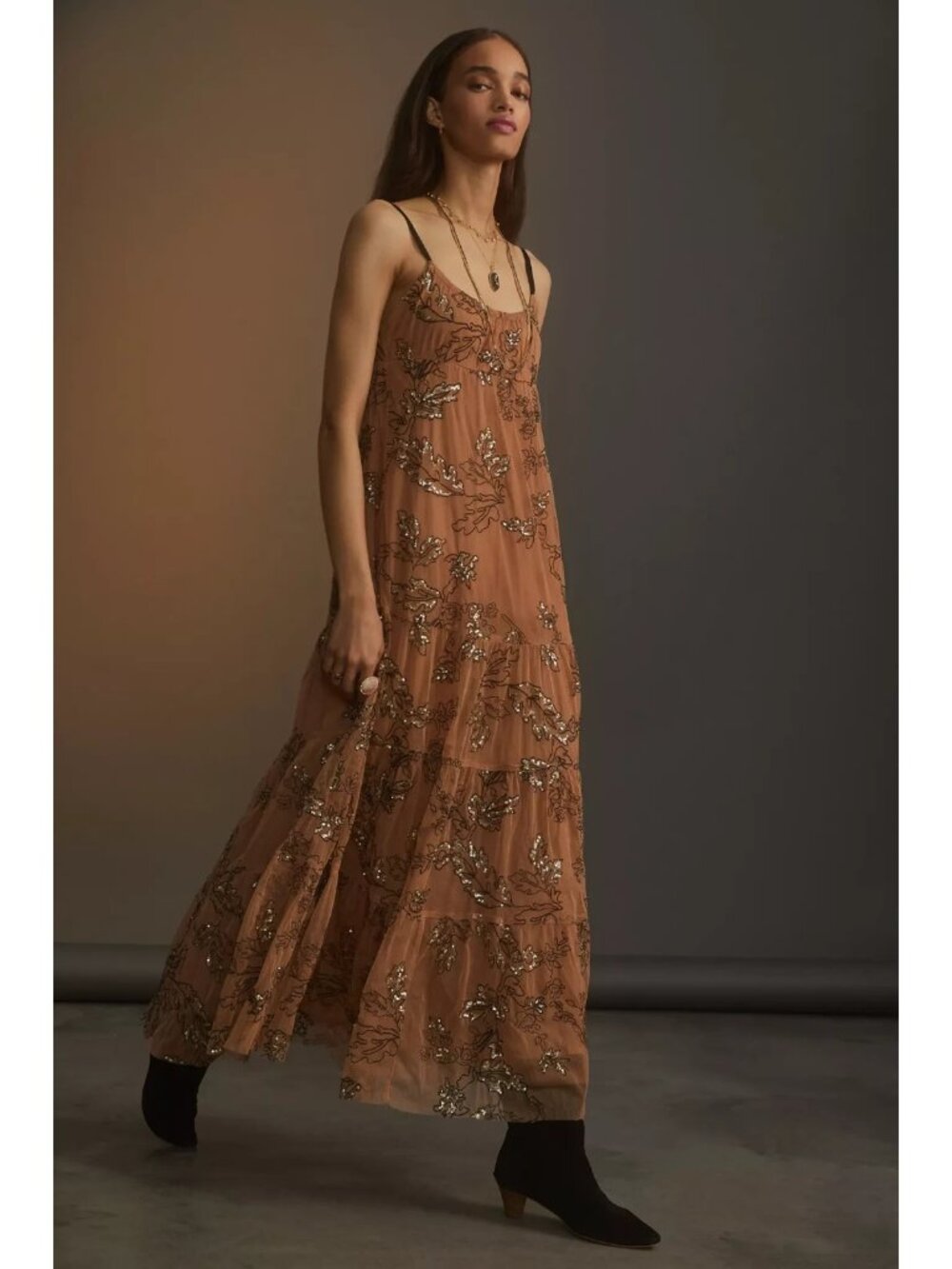 NWT by Anthropologie Sequined Tulle Maeve Maxi in Neutral Tank Dress XS